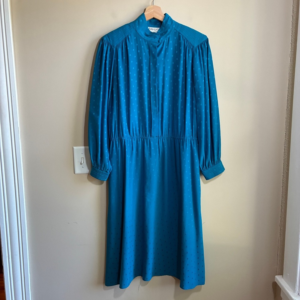 Argenti Vintage Jacquard Midi Dress 12 Teal Blue Womens 100% Pure Silk